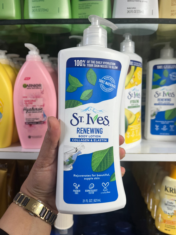 لوسیون بدن سن تیوز / استیویز (St. Ives) مدل Renewing - حاوی کلاژن و الاستین (حجم ۶۲۱ میلیلیتر)