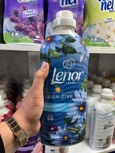 نرمکننده لباس لنور (Lenor) سری Wellbeing مدل Envolée d'Air (رایحه خنک اقیانوسی) - حاوی اسانس روغنی - ۵۶ بار شستشو